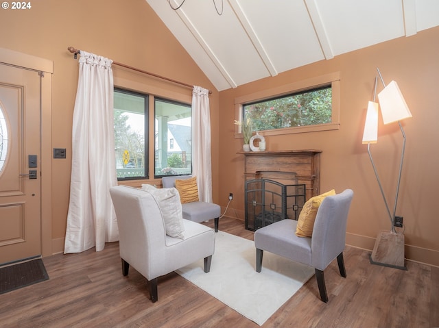 living room with high vaulted ceiling and dark hardwood / wood-style floors