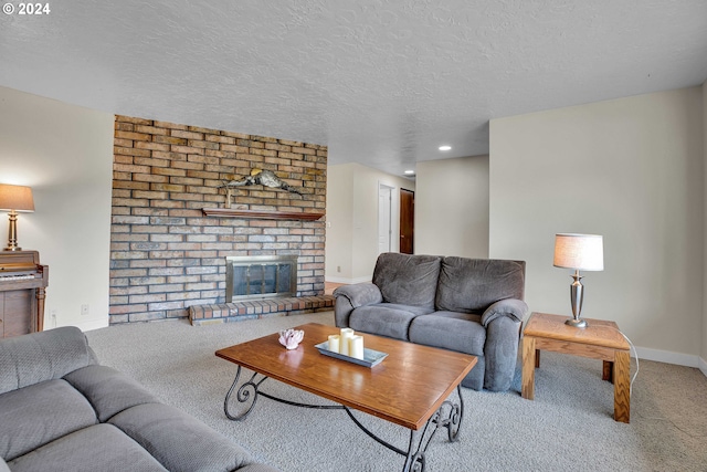 living room featuring a textured ceiling, light colored carpet, and a fireplace