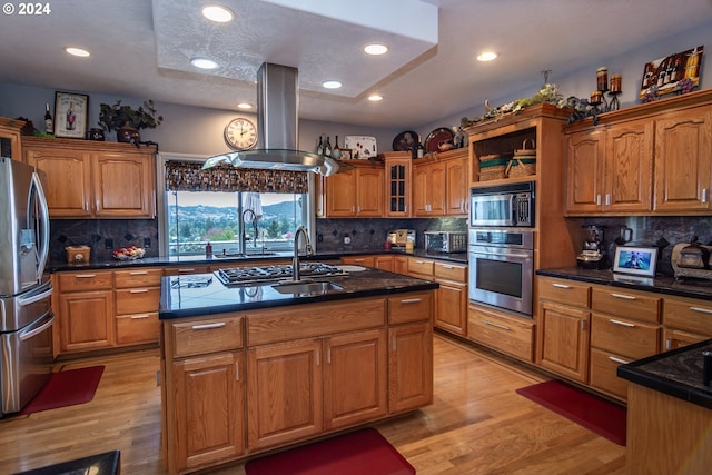 kitchen featuring tasteful backsplash, appliances with stainless steel finishes, island range hood, light hardwood / wood-style flooring, and a center island with sink