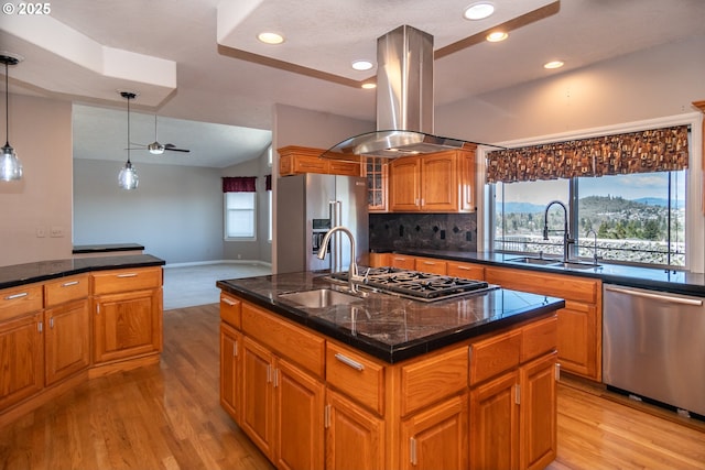 kitchen featuring a sink, brown cabinets, stainless steel appliances, and island range hood