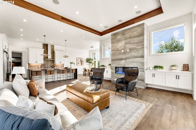 living room featuring sink, a wealth of natural light, light wood-type flooring, and a raised ceiling