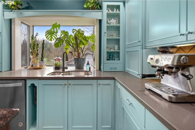 kitchen featuring sink, a healthy amount of sunlight, stainless steel dishwasher, and blue cabinets