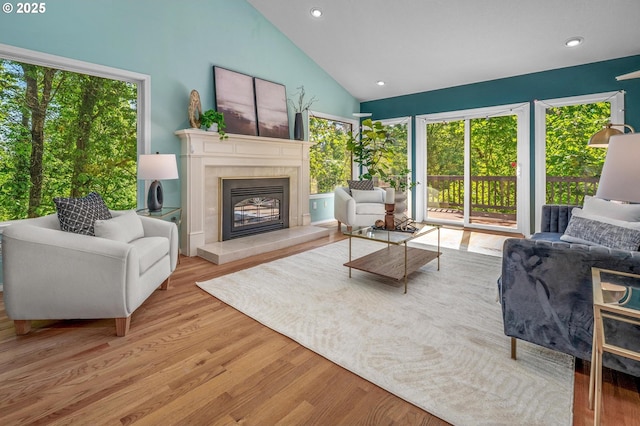 living area featuring a high end fireplace, high vaulted ceiling, recessed lighting, and wood finished floors