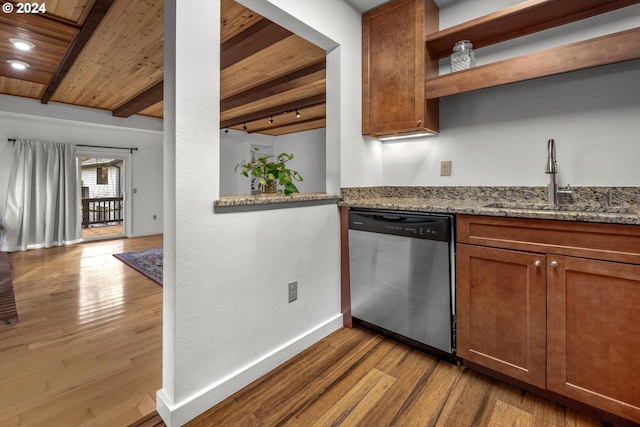 kitchen with wooden ceiling, sink, light hardwood / wood-style flooring, stainless steel dishwasher, and light stone counters