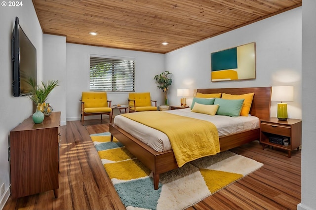 bedroom featuring wood-type flooring, crown molding, and wooden ceiling