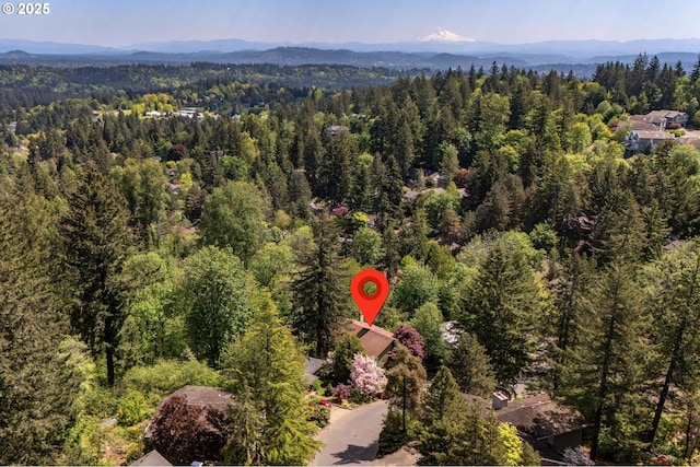 aerial view with a view of trees and a mountain view