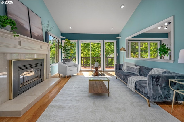 living area with a wealth of natural light, wood finished floors, and a premium fireplace