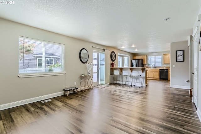 unfurnished living room with a textured ceiling, dark hardwood / wood-style floors, plenty of natural light, and sink