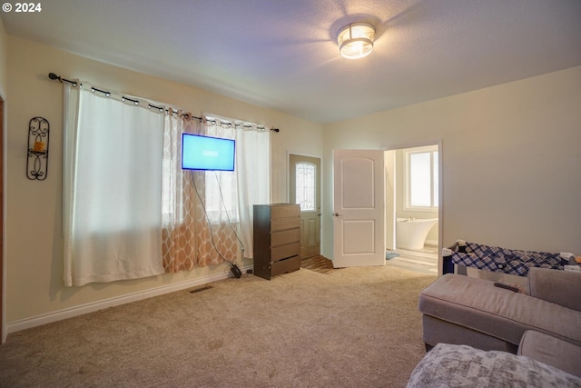 interior space with light carpet and ensuite bathroom