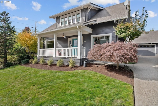 view of front of home featuring concrete driveway, a porch, a front lawn, and roof with shingles