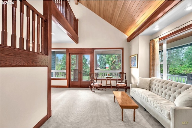 living room featuring french doors, wood ceiling, light carpet, and high vaulted ceiling