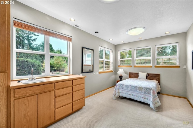 bedroom with a textured ceiling, sink, and light colored carpet