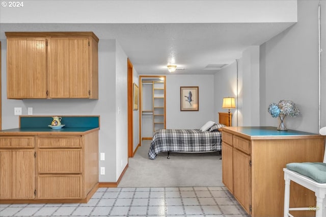 kitchen featuring kitchen peninsula and light colored carpet