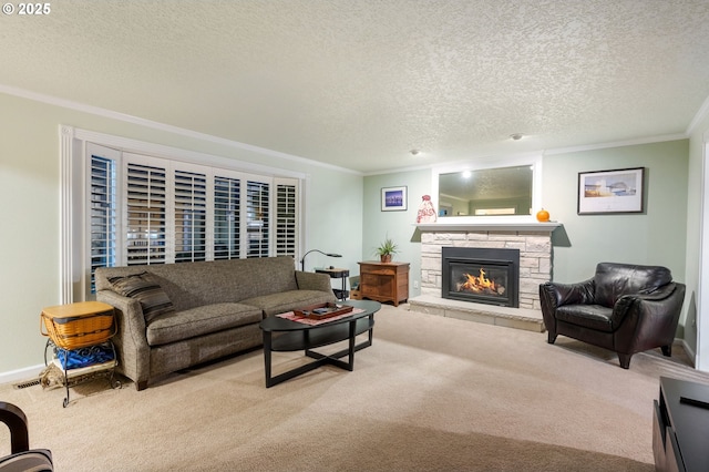 living room with a fireplace, crown molding, light colored carpet, and a textured ceiling