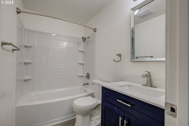 full bathroom featuring toilet, wood-type flooring, vanity, and  shower combination