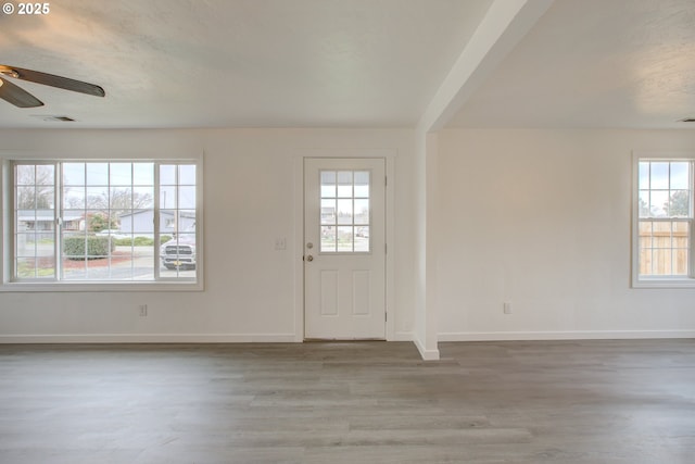 foyer featuring ceiling fan and light hardwood / wood-style flooring