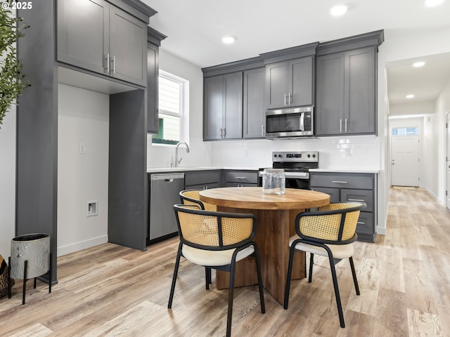 kitchen featuring appliances with stainless steel finishes, light countertops, decorative backsplash, and gray cabinetry