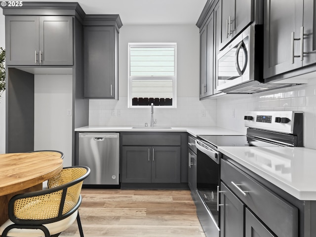 kitchen with light countertops, gray cabinetry, appliances with stainless steel finishes, a sink, and light wood-type flooring