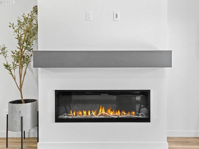 interior details featuring wood finished floors, a glass covered fireplace, and baseboards