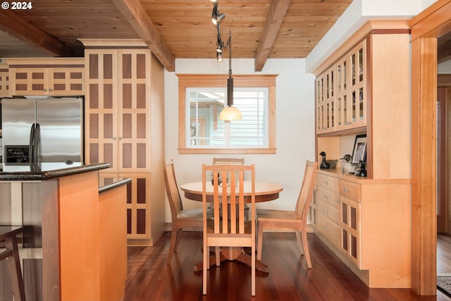 dining area with beamed ceiling, rail lighting, wood ceiling, and dark hardwood / wood-style flooring