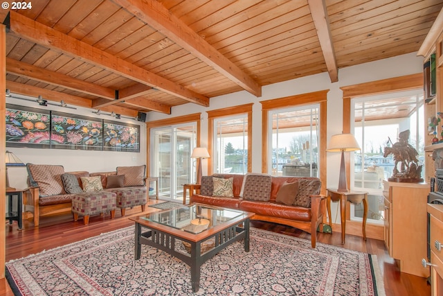 living room featuring dark hardwood / wood-style flooring, beam ceiling, and wood ceiling