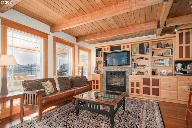 living room with wooden ceiling, wood-type flooring, and beam ceiling