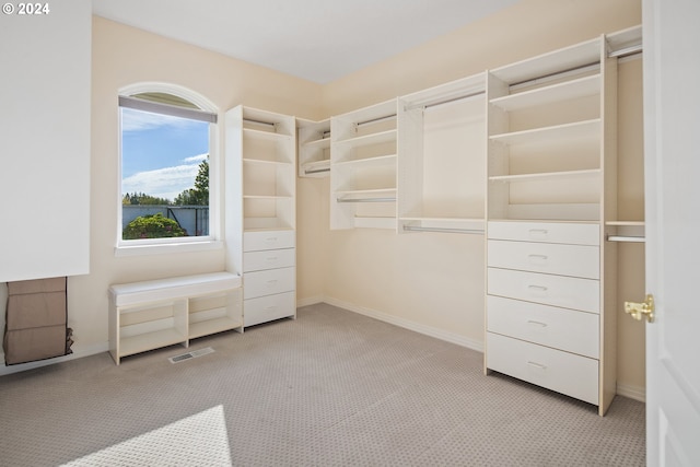 walk in closet featuring light carpet