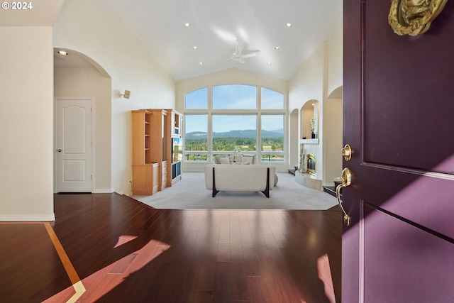 interior space with ceiling fan, high vaulted ceiling, and wood-type flooring