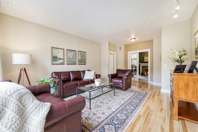 living room with a textured ceiling and light hardwood / wood-style flooring