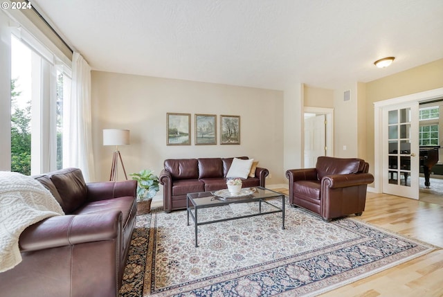 living room featuring french doors, a healthy amount of sunlight, and wood-type flooring