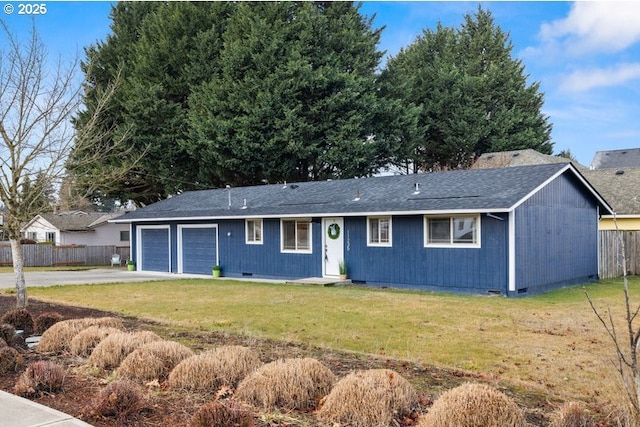 ranch-style home with a garage and a front yard