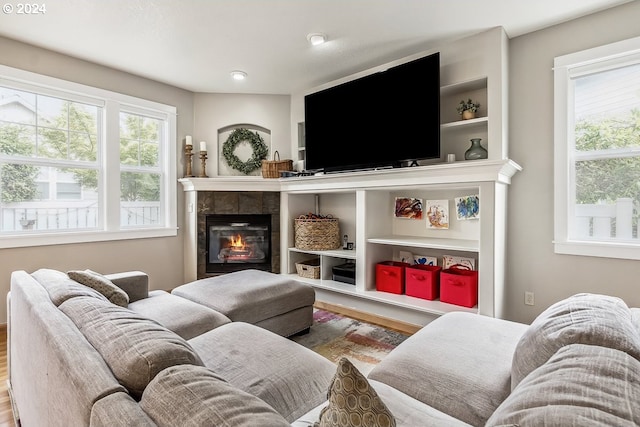 living room featuring wood-type flooring and a tile fireplace