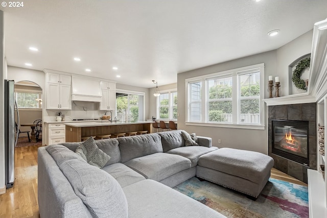 living room with light hardwood / wood-style floors, a healthy amount of sunlight, sink, and a fireplace