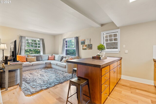 living room with beam ceiling, light hardwood / wood-style flooring, and a healthy amount of sunlight