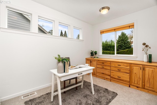 carpeted office space with baseboards and visible vents