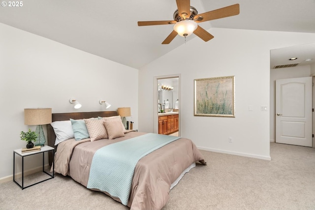 bedroom with visible vents, light carpet, baseboards, and vaulted ceiling