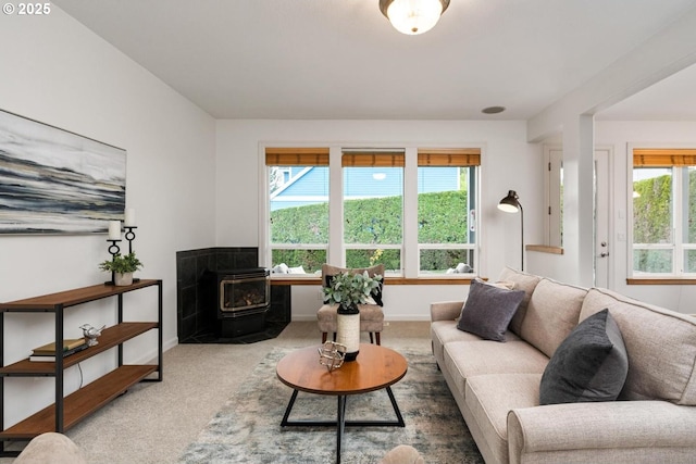 living room featuring a wood stove, carpet, and baseboards