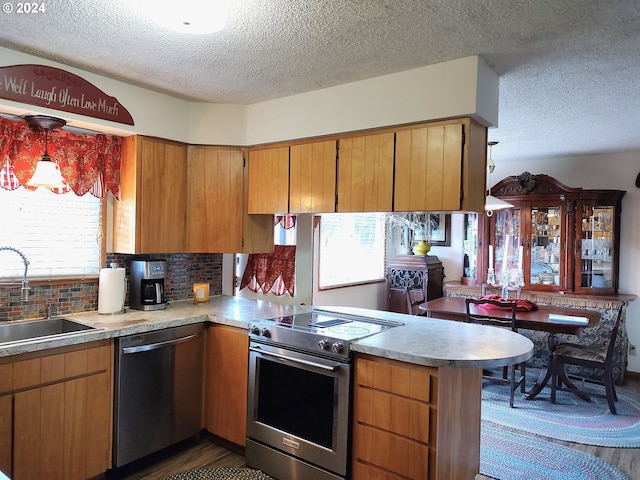 kitchen with appliances with stainless steel finishes, a textured ceiling, tasteful backsplash, dark wood-type flooring, and sink