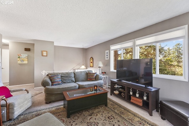 carpeted living room featuring a textured ceiling