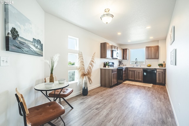 kitchen featuring light hardwood / wood-style flooring, black appliances, and a wealth of natural light