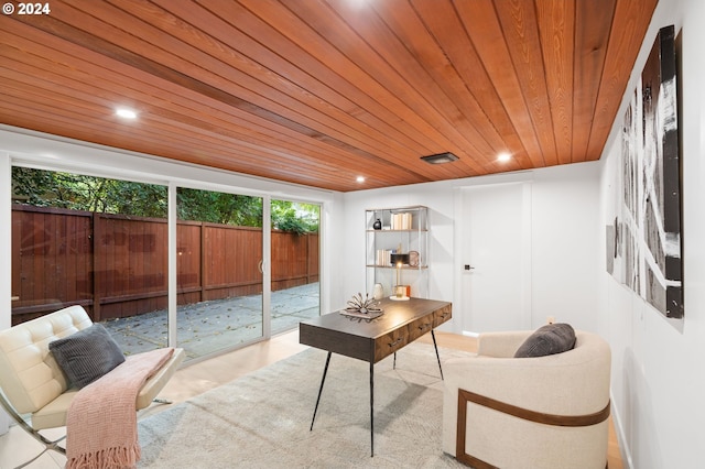 living room with wooden ceiling