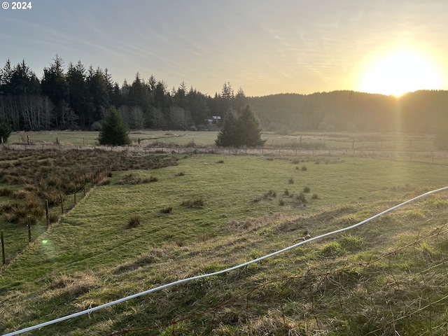 yard at dusk with a rural view and fence