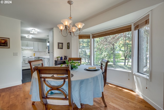 dining space featuring a chandelier, plenty of natural light, and light hardwood / wood-style flooring