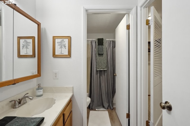 bathroom featuring curtained shower, vanity, wood-type flooring, and toilet