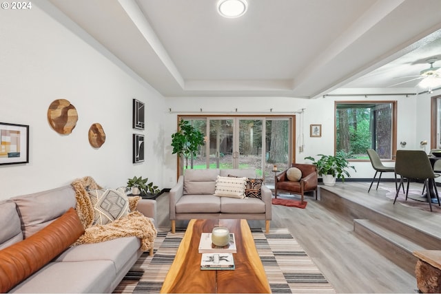 living room with hardwood / wood-style floors, a tray ceiling, and ceiling fan