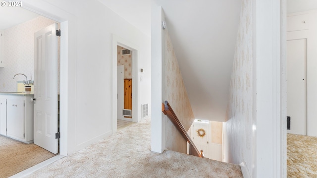 interior space with sink and light carpet