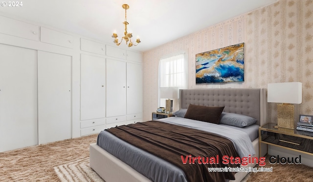 carpeted bedroom with a closet, a chandelier, and wallpapered walls