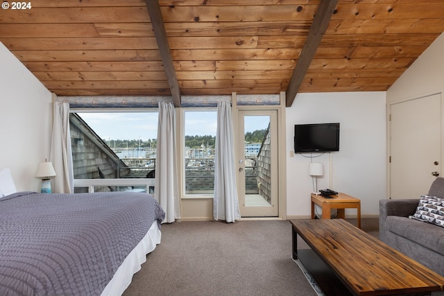 carpeted bedroom with vaulted ceiling with beams, wooden ceiling, and access to outside