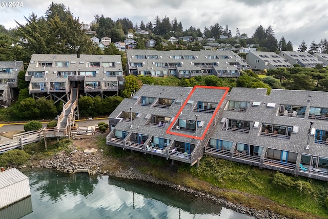 aerial view featuring a water view