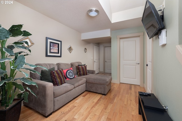 living room with a textured ceiling and light hardwood / wood-style flooring